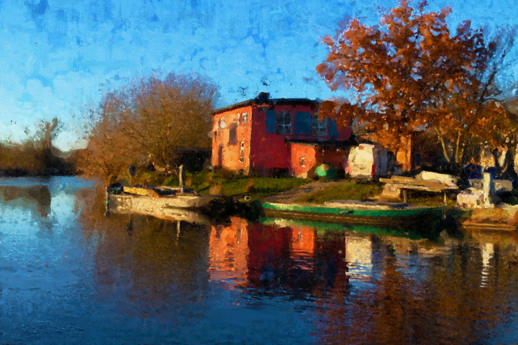 Premium textile canvas Premium textile canvas 90 cm x 60 cm across the fisherman's homestead at Lake Gülper in Havelland. 