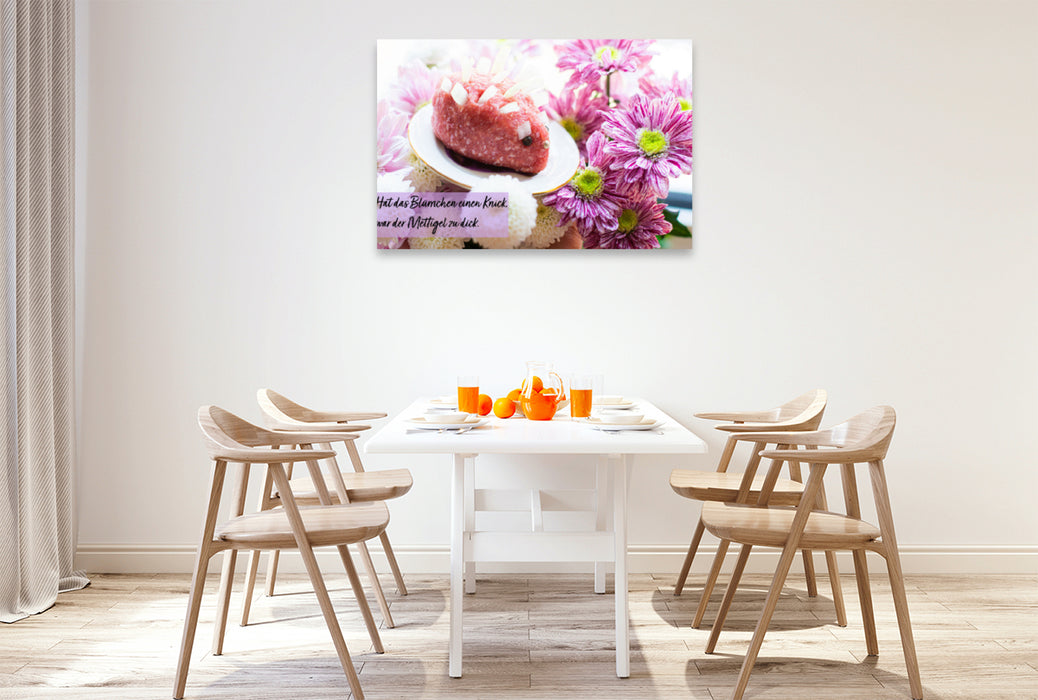 Premium textile canvas Premium textile canvas 120 cm x 80 cm landscape Mettigel likes flowers. 