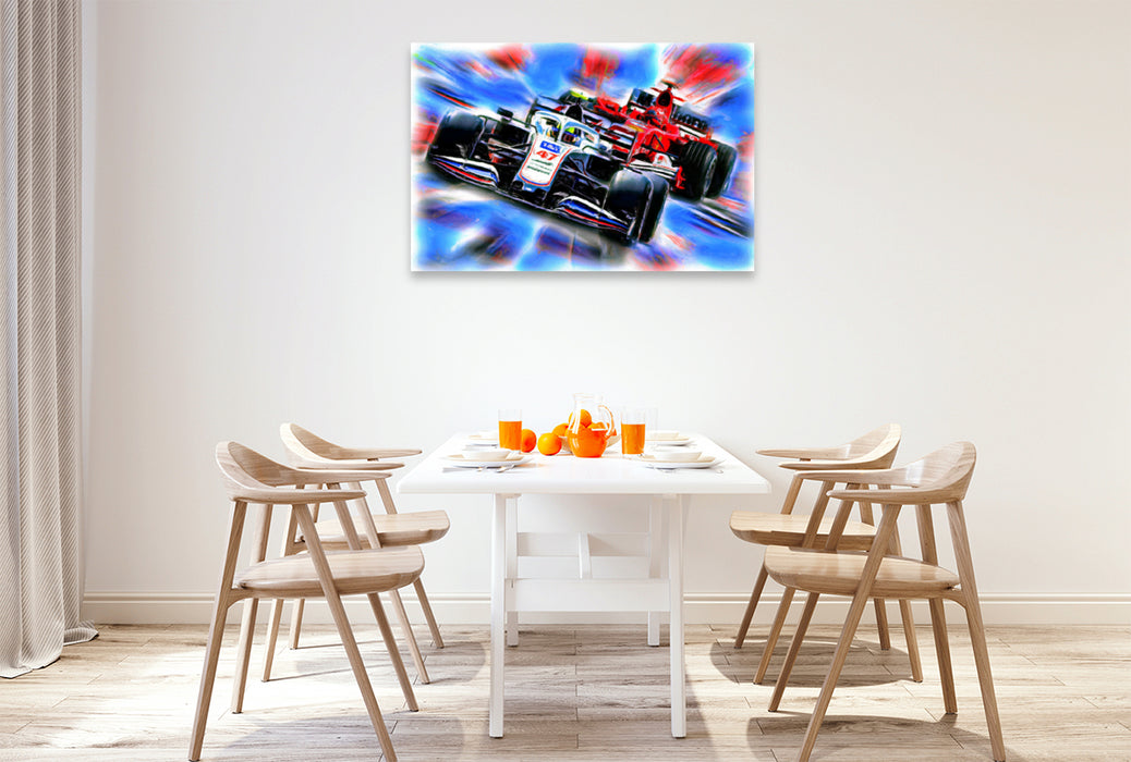 Premium textile canvas Premium textile canvas 120 cm x 80 cm landscape Mick Schumacher and Michael Schumacher 