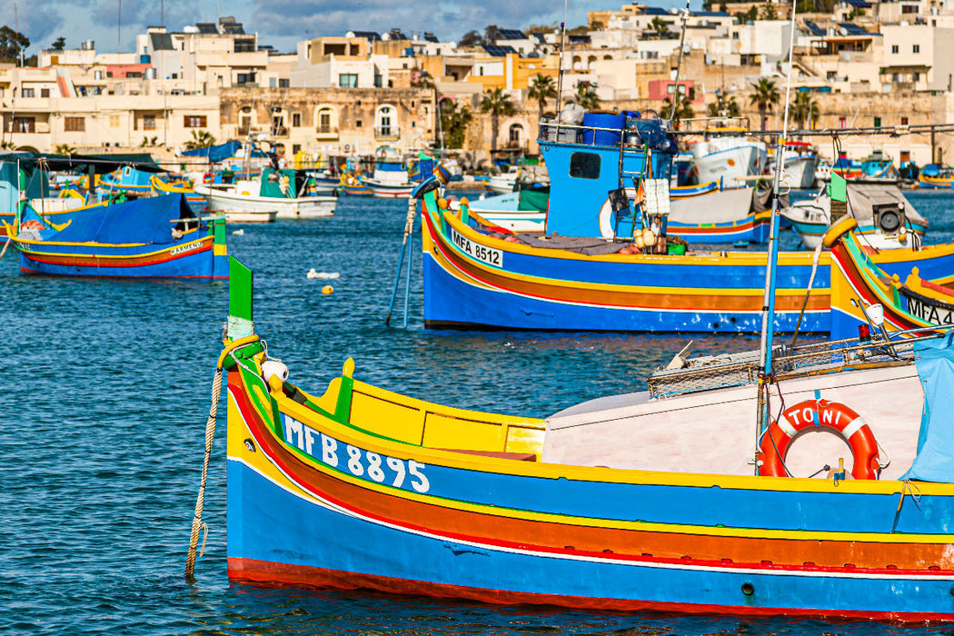 Premium textile canvas Premium textile canvas 120 cm x 80 cm landscape Fishing harbor in Marsaxlokk, in the southeast of Malta 