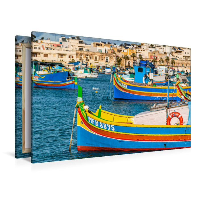 Premium Textil-Leinwand Premium Textil-Leinwand 120 cm x 80 cm quer Fischerhafen in Marsaxlokk, im Südosten von Malta