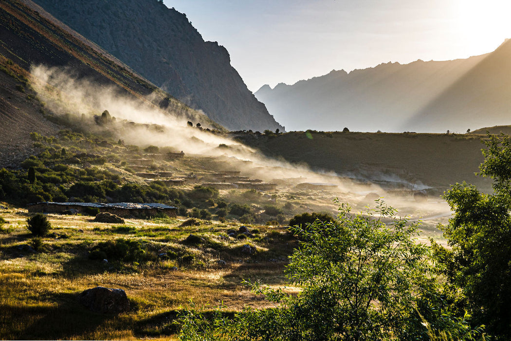 Premium textile canvas Premium textile canvas 120 cm x 80 cm across The Tajik village of Kanchoch sinks into the dust of cars driving through 