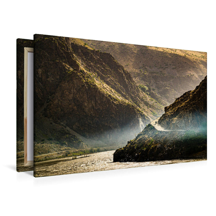 Premium textile canvas Premium textile canvas 120 cm x 80 cm across On the Panj River on the Silk Road through the Pamir Mountains 