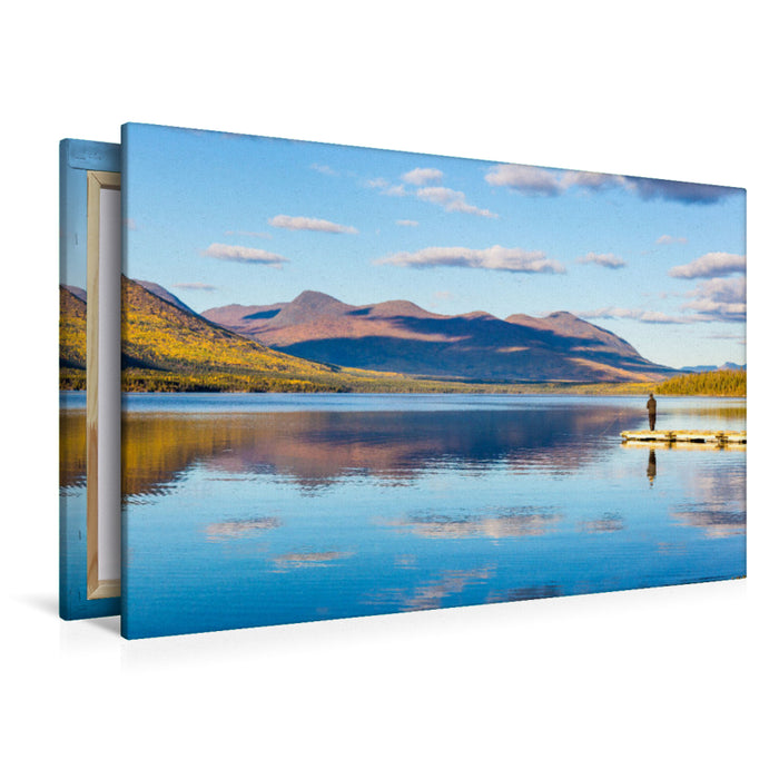 Premium textile canvas Premium textile canvas 120 cm x 80 cm across blue lake with reflection 