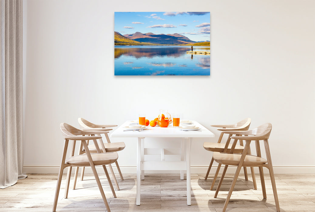 Premium textile canvas Premium textile canvas 120 cm x 80 cm across blue lake with reflection 