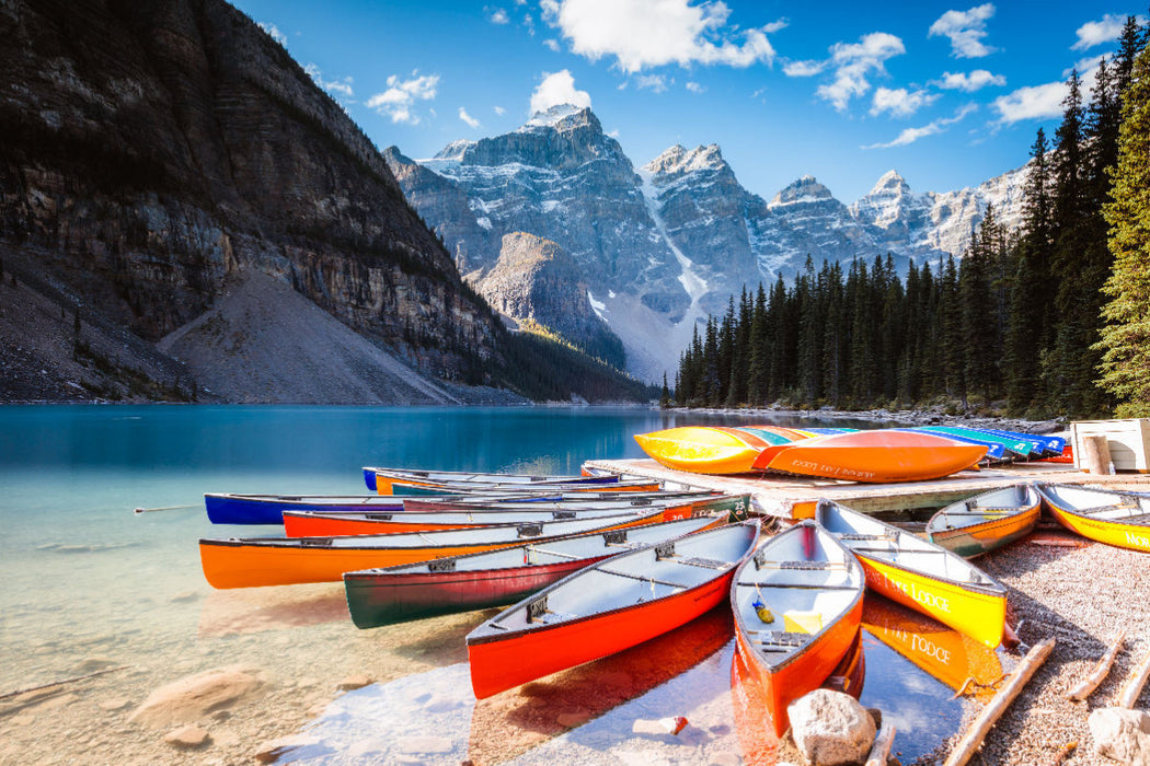 Premium Textile Canvas Premium Textile Canvas 120cm x 80cm landscape Canoes, Moraine Lake, Banff National Park 