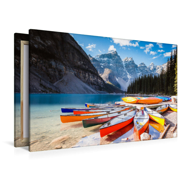Premium Textil-Leinwand Premium Textil-Leinwand 120 cm x 80 cm quer Kanus, Moraine Lake, Banff Nationalpark