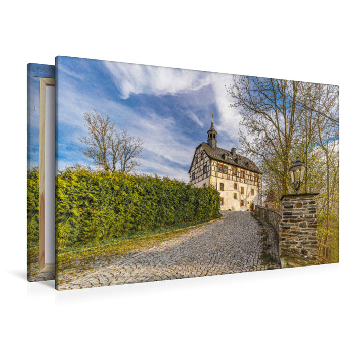 Premium Textil-Leinwand Premium Textil-Leinwand 120 cm x 80 cm quer Schloss Jößnitz - 1282 urkundlich erwähnt. Wahrzeichen des gleichnamigen Ortes vor den Toren der Stadt Plauen.