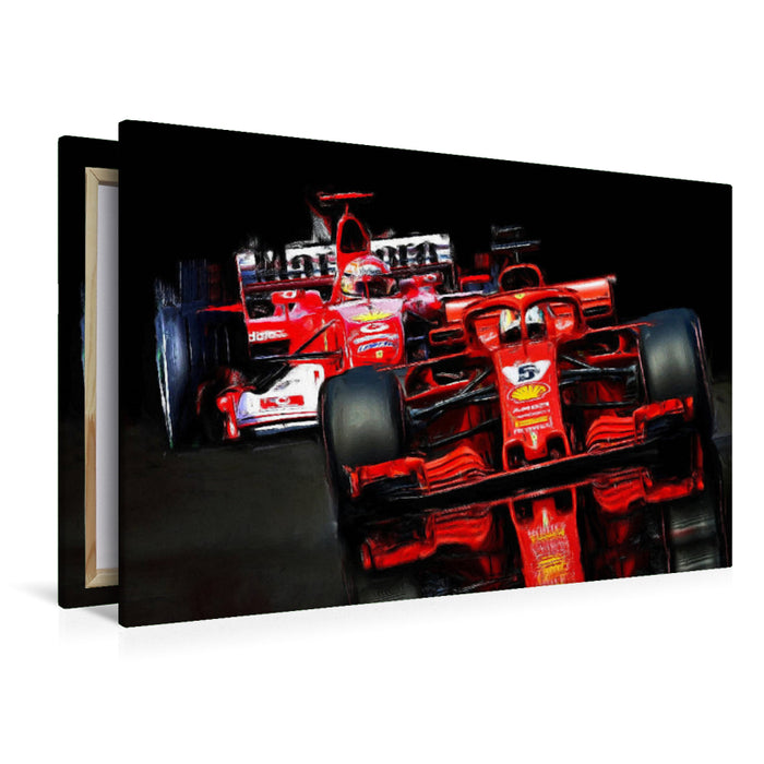 Premium Textil-Leinwand Premium Textil-Leinwand 120 cm x 80 cm quer Sebastian Vettel in roten Italiener anno 2018, Michael Schumacher im 2005er Monoposto.
