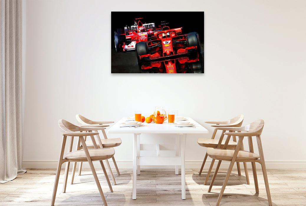 Premium Textil-Leinwand Premium Textil-Leinwand 120 cm x 80 cm quer Sebastian Vettel in roten Italiener anno 2018, Michael Schumacher im 2005er Monoposto.