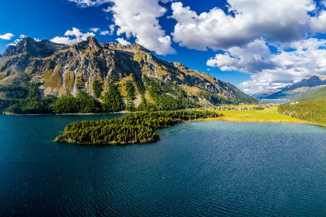 Premium textile canvas Premium textile canvas 120 cm x 80 cm across Chasté peninsula in Lake Sils 