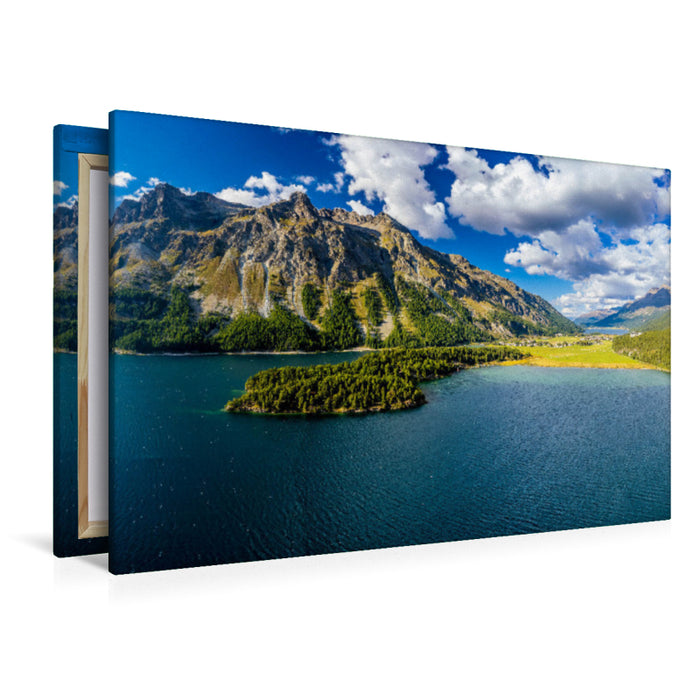 Premium textile canvas Premium textile canvas 120 cm x 80 cm across Chasté peninsula in Lake Sils 