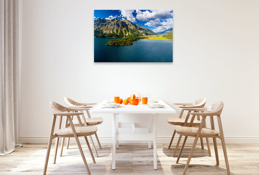 Premium textile canvas Premium textile canvas 120 cm x 80 cm across Chasté peninsula in Lake Sils 