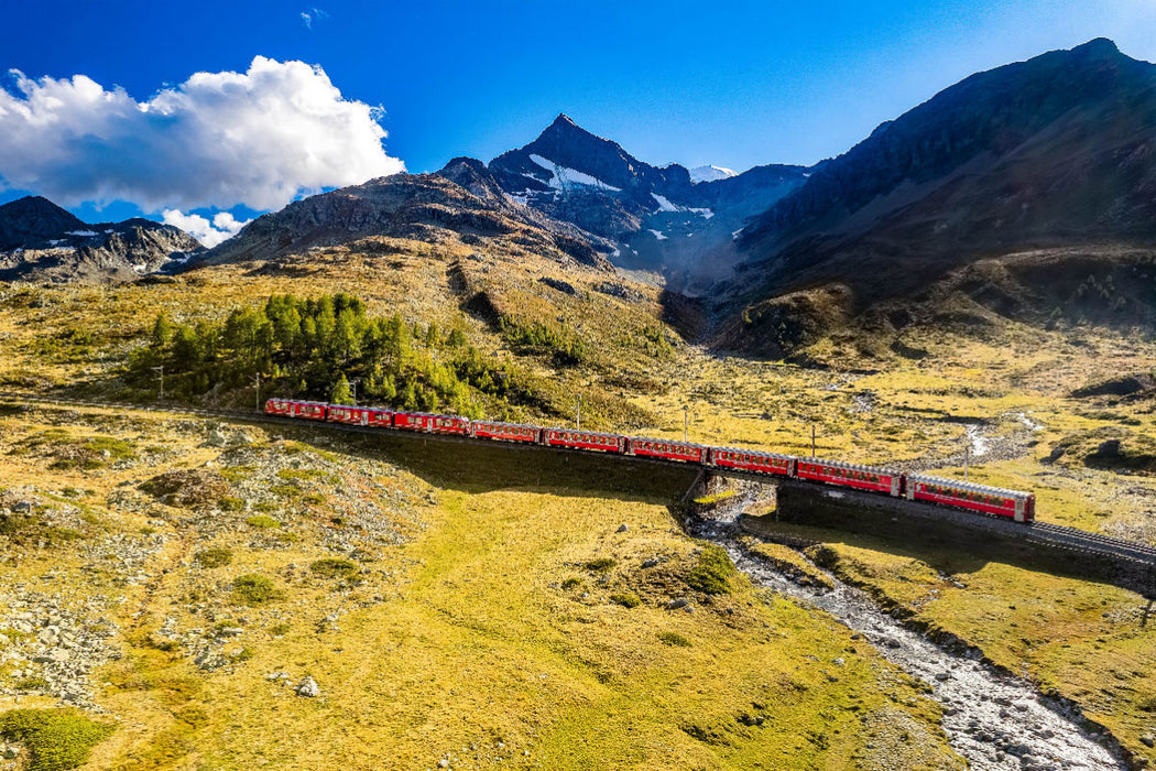 Premium textile canvas Premium textile canvas 120 cm x 80 cm landscape Bernina Express in front of the Piz Cambrena 