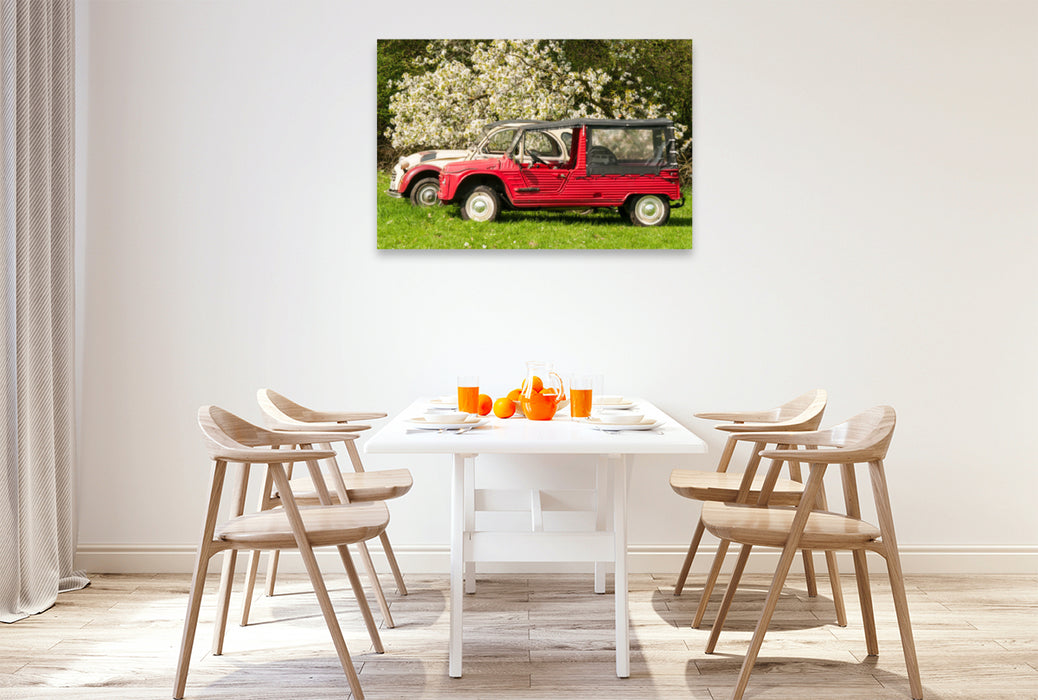 Premium textile canvas Premium textile canvas 120 cm x 80 cm landscape Two-cylinder meeting under the cherry tree 