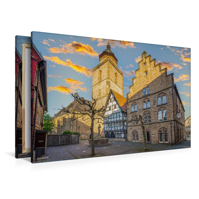 Premium textile canvas Premium textile canvas 120 cm x 80 cm landscape Schwälmer Brunnen and Obergasse 