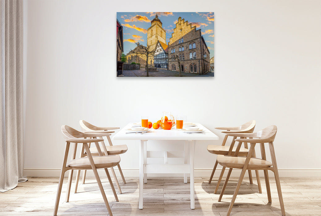 Premium textile canvas Premium textile canvas 120 cm x 80 cm landscape Schwälmer Brunnen and Obergasse 