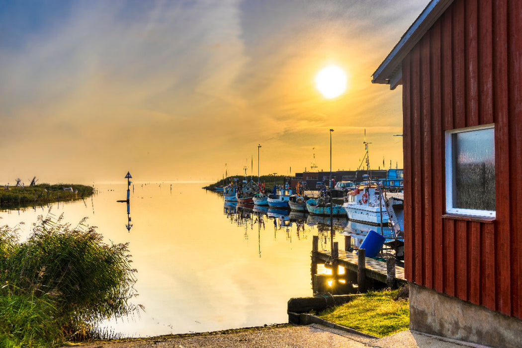 Premium textile canvas Premium textile canvas 120 cm x 80 cm landscape Harbor dream in the early morning at Ringkøbing Fjord 