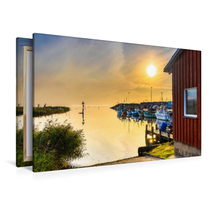 Premium textile canvas Premium textile canvas 120 cm x 80 cm landscape Harbor dream in the early morning at Ringkøbing Fjord 