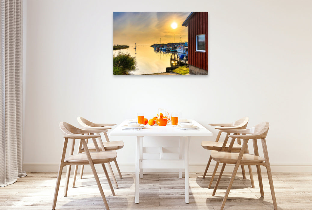 Premium textile canvas Premium textile canvas 120 cm x 80 cm landscape Harbor dream in the early morning at Ringkøbing Fjord 