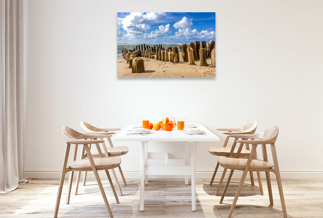 Premium textile canvas Premium textile canvas 120 cm x 80 cm across Groynes on the sandy beach of Sylt 