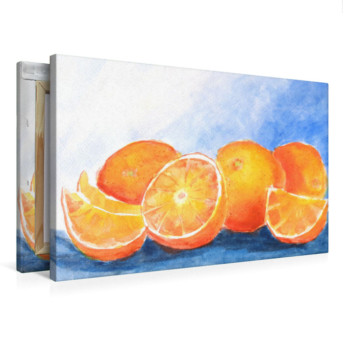 Premium Textil-Leinwand Premium Textil-Leinwand 75 cm x 50 cm quer Orangen Stillleben gemalt mit Aquarellfarben