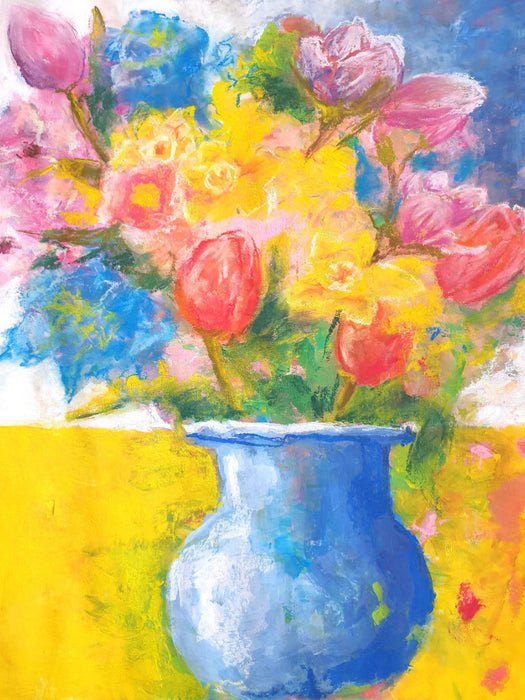 Bunter Blumenstrauß in blauer Vase gemalt mit Gouache und Pastellkreide in Mischtechnik - CALVENDO Foto-Puzzle