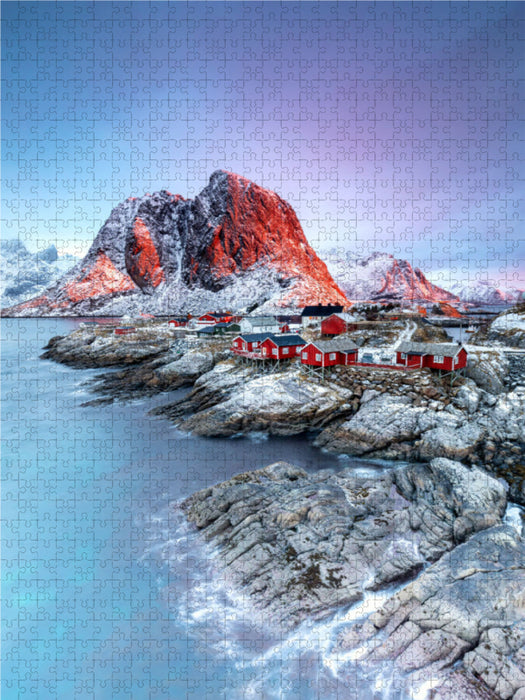 Rote Holzhäuser auf den Lofoten in Norwegen - CALVENDO Foto-Puzzle