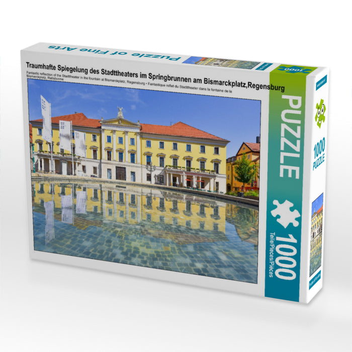 Fantastic reflection of the city theater in the fountain at Bismarckplatz, Regensburg - CALVENDO photo puzzle 