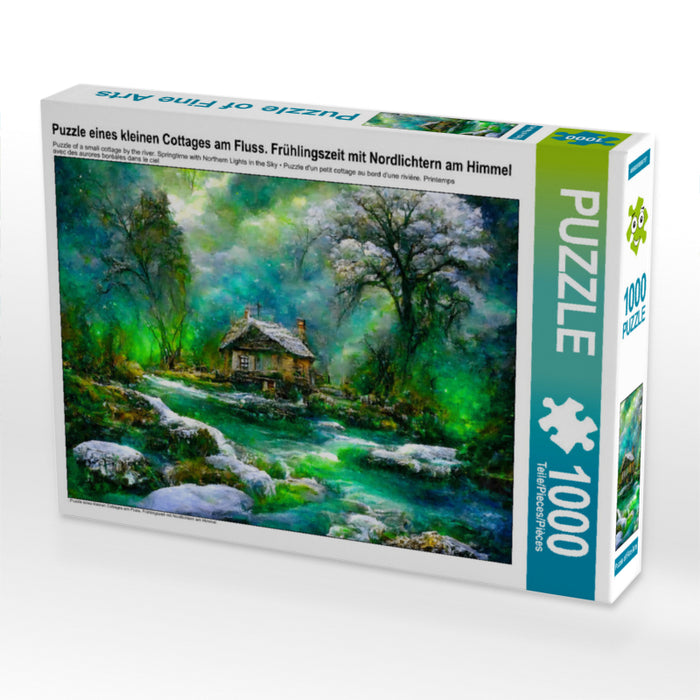 Puzzle of a small cottage by the river. Spring time with northern lights in the sky - CALVENDO photo puzzle 