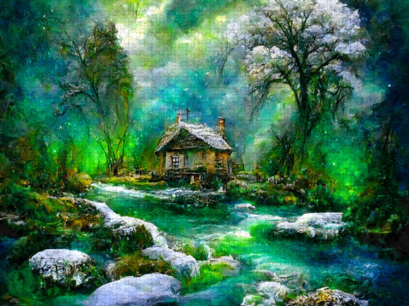 Puzzle of a small cottage by the river. Spring time with northern lights in the sky - CALVENDO photo puzzle 
