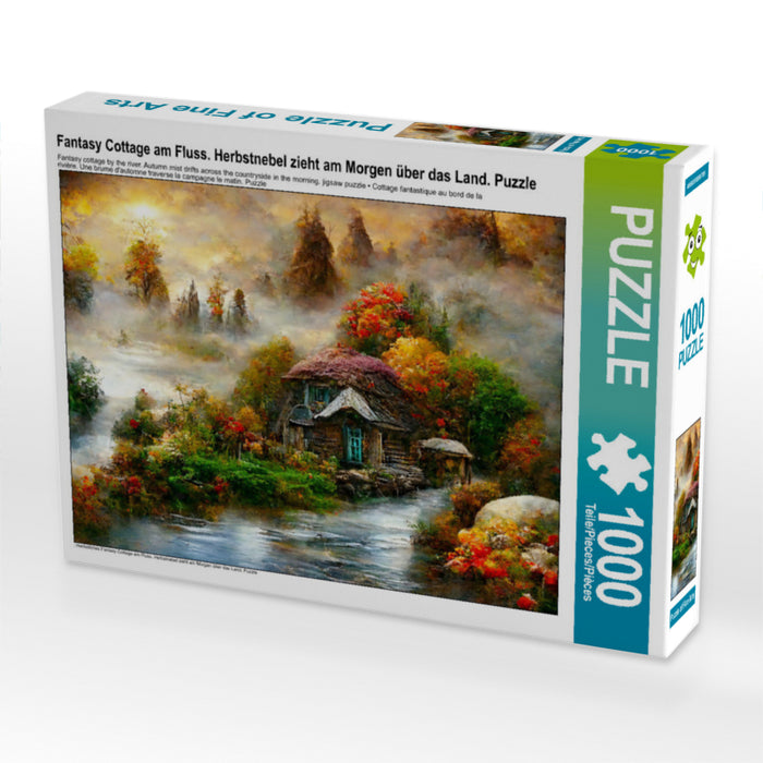 Fantasy Cottage am Fluss. Herbstnebel zieht am Morgen über das Land. Puzzle - CALVENDO Foto-Puzzle