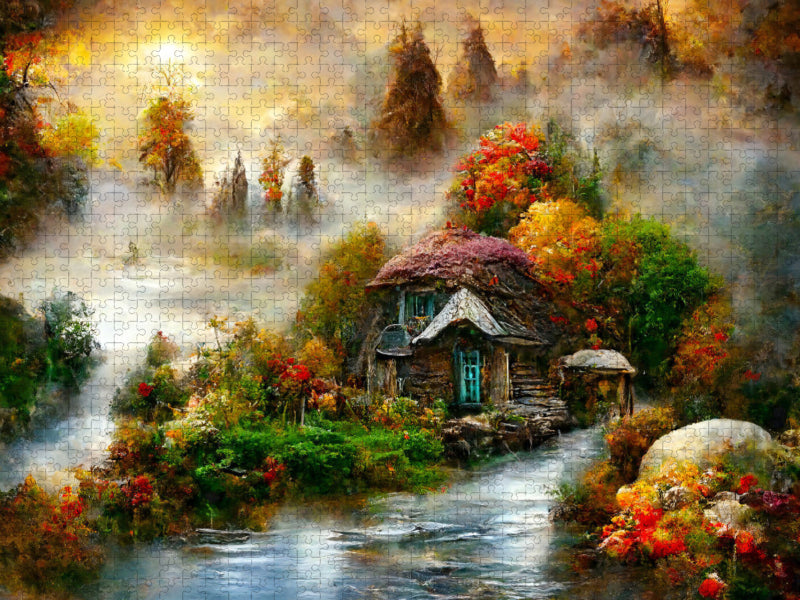 Fantasy Cottage am Fluss. Herbstnebel zieht am Morgen über das Land. Puzzle - CALVENDO Foto-Puzzle