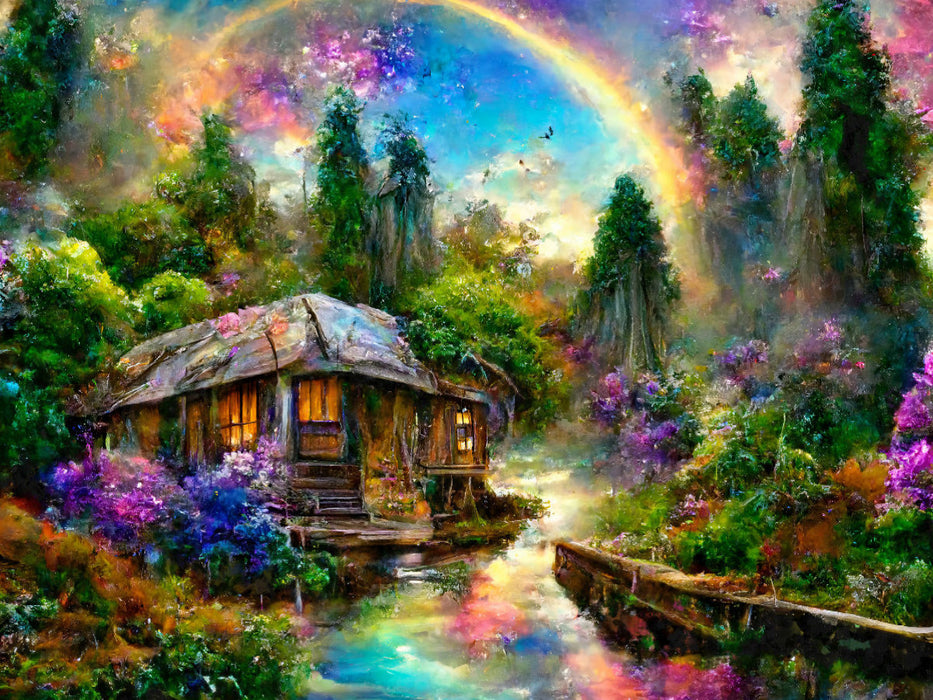 Fantasy Cottage mit üppiger Blütenpracht und Regenbogen im Sommer. - CALVENDO Foto-Puzzle