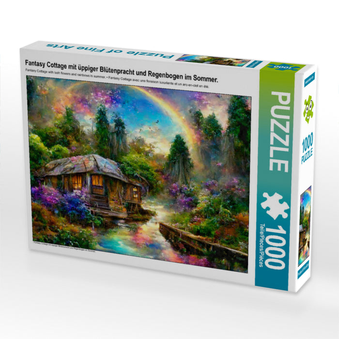Fantasy cottage with lush flowers and rainbows in summer. - CALVENDO photo puzzle 
