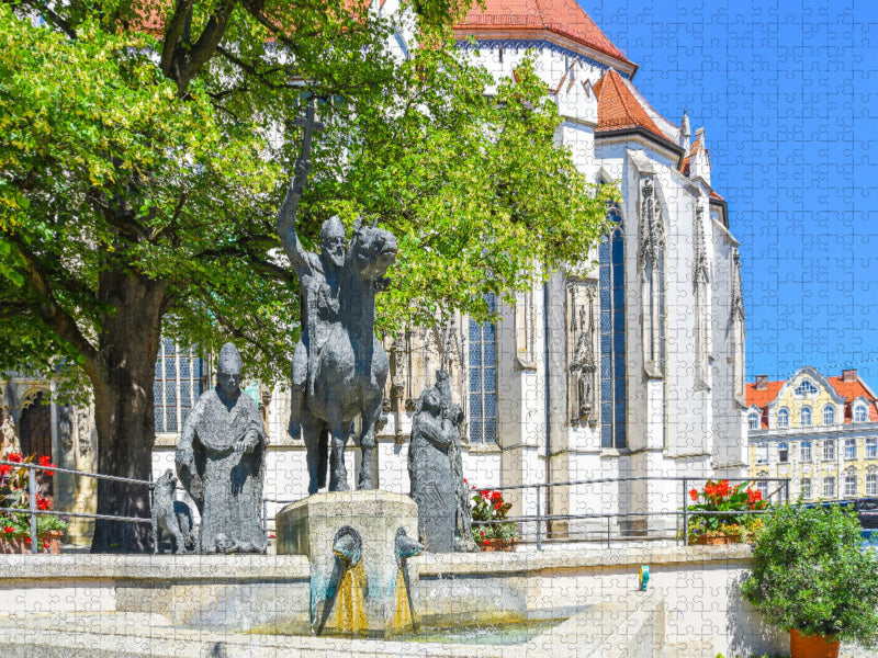 Ansicht auf den gotischen Dom mit Dombrunnen und den drei Bischofsfiguren in der Fuggerstadt Augsburg - CALVENDO Foto-Puzzle
