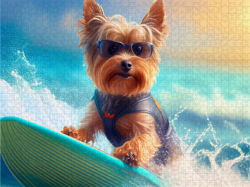 Yorkshire Terrier auf dem Surfbrett - CALVENDO Foto-Puzzle