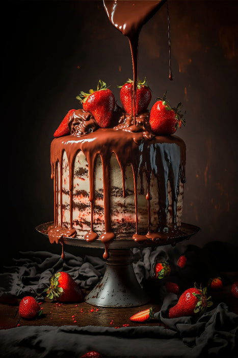 Premium Textil-Leinwand Torte mit weißer Schokolade und Erdbeeren, mit Vollmilchschokolade überzogen