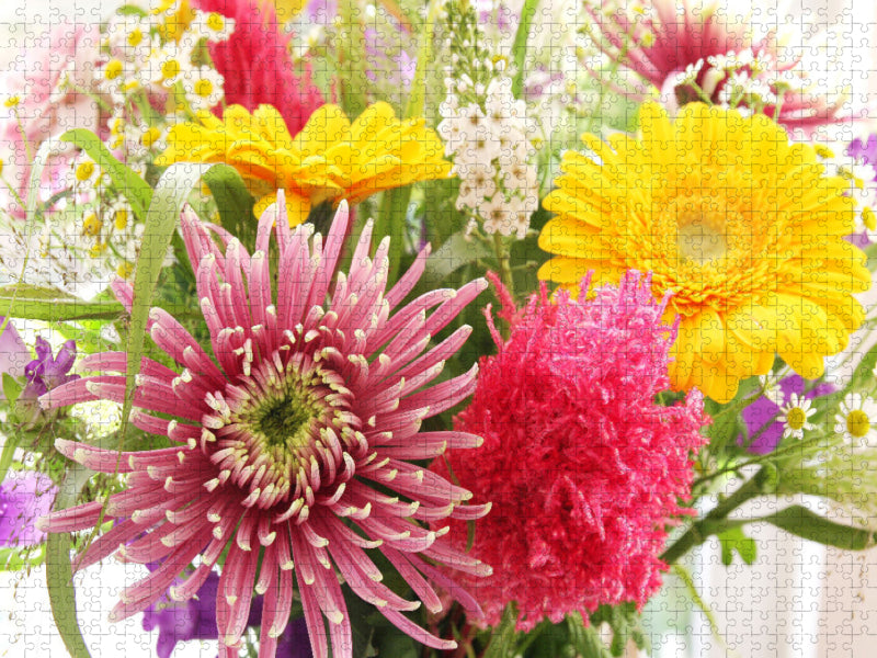 Bunter Strauß mit Chrysantheme, Celosia und Gerbera - CALVENDO Foto-Puzzle