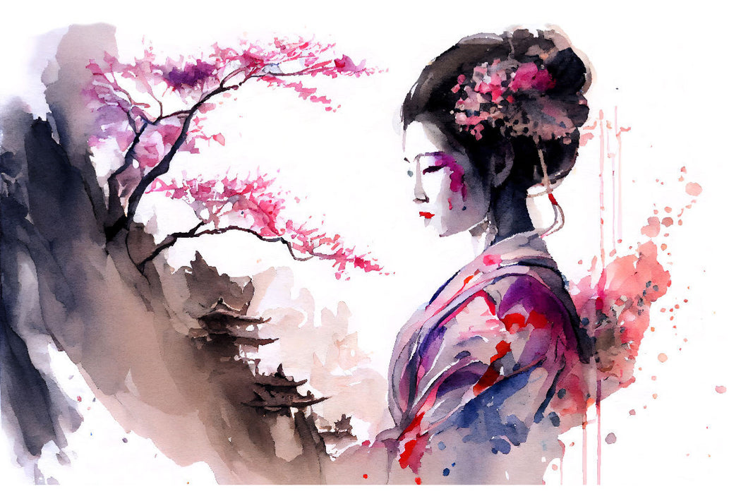 Premium textile canvas A motif from the calendar Geisha Watercolors - Japanese cultural ladies, landscape and sakura 