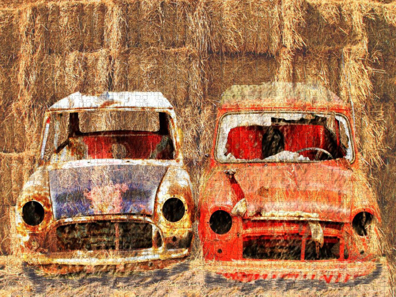 2x Mini Cooper en tonnelle rouillée devant un fond - Puzzle photo CALVENDO 