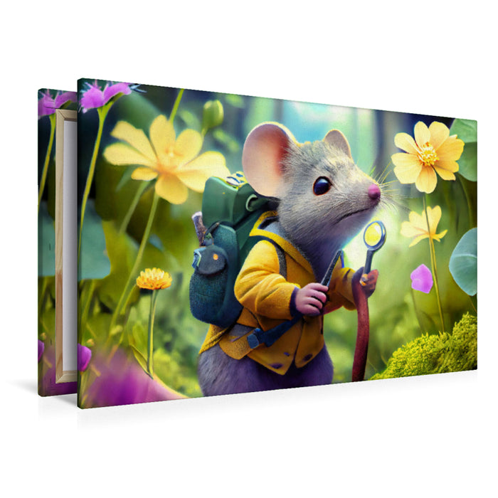 Premium textile canvas With a magnifying glass in the flower meadow 