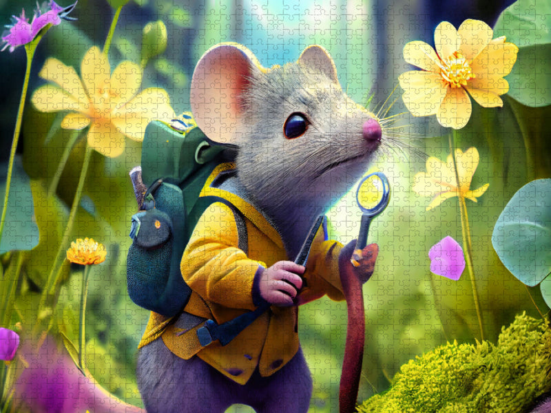 Petite souris en chercheur avec une loupe dans le pré fleuri. Murale chambre d'enfant - Puzzle photo CALVENDO 