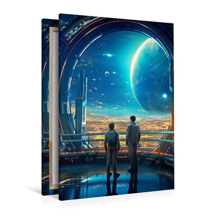 Premium textile canvas father and son on a space station 