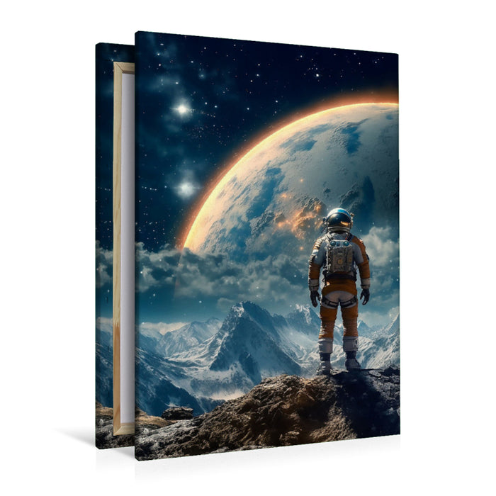 Premium textile canvas summiteer - astronaut on the summit of a foreign mountain 