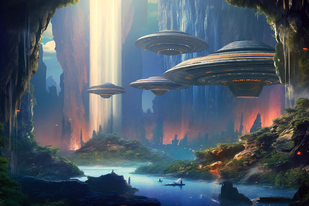 Premium textile canvas cave city on an alien planet 