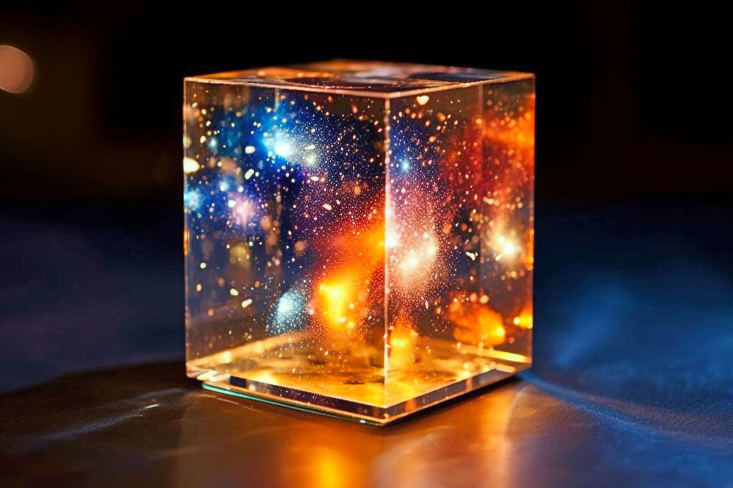 Premium textile canvas universe in a glass cube 