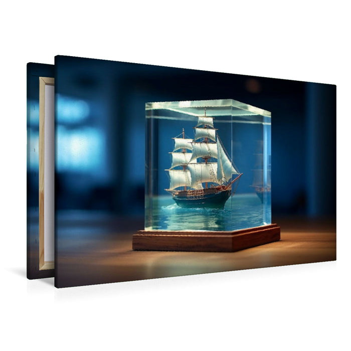 Premium Textil-Leinwand Segelschiff in einem Glaswürfel