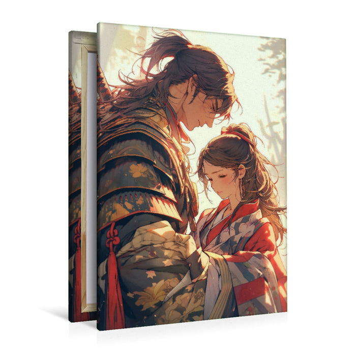 Premium textile canvas Samurai in manga style - lovers saying goodbye 