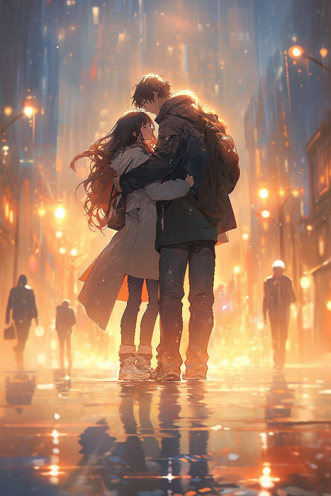 Premium Textil-Leinwand Manga - Liebespärchen im Regen in der Stadt